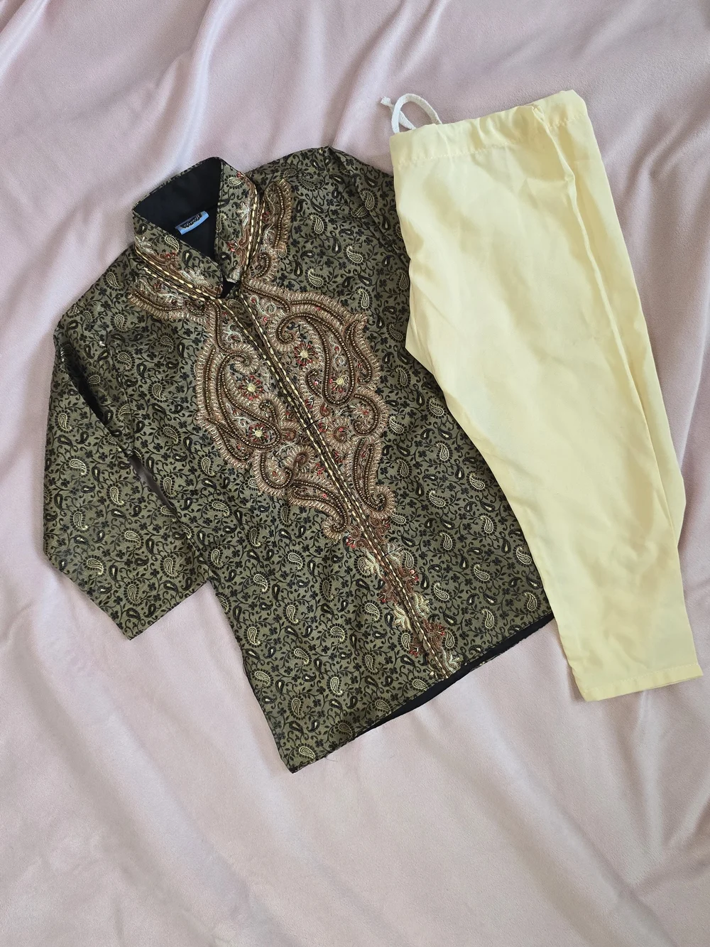 New Boys Embroidered Gold & Black Kurta Set with Cream Pants